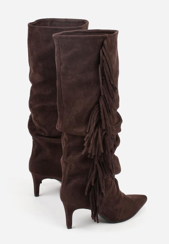 Brązowe Marszczone Kozaki z Imitacji Zamszu na Niskiej Szpilce z Frędzlami Linonra 7