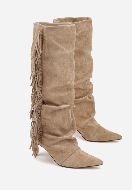 Ciemnobeżowe Marszczone Kozaki z Imitacji Zamszu na Niskiej Szpilce z Frędzlami Linonra 5