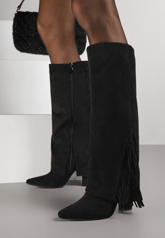 Czarne Kozaki na Słupku z Wywiniętą Cholewką z Frędzlami Linadela 1