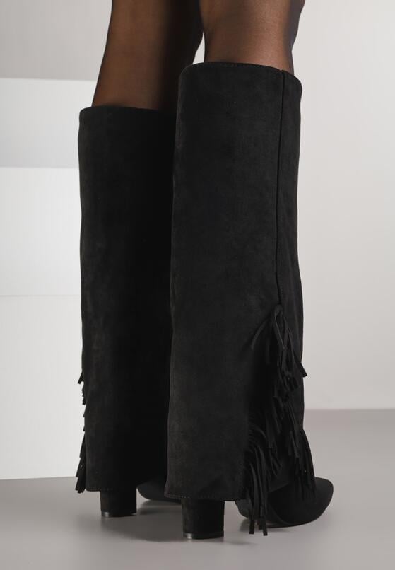 Czarne Kozaki na Słupku z Wywiniętą Cholewką z Frędzlami Linadela 3