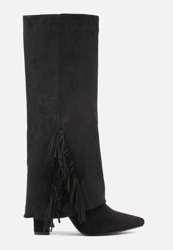 Czarne Kozaki na Słupku z Wywiniętą Cholewką z Frędzlami Linadela 4