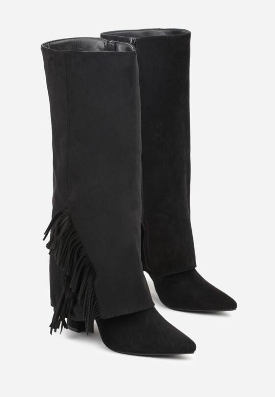 Czarne Kozaki na Słupku z Wywiniętą Cholewką z Frędzlami Linadela 5