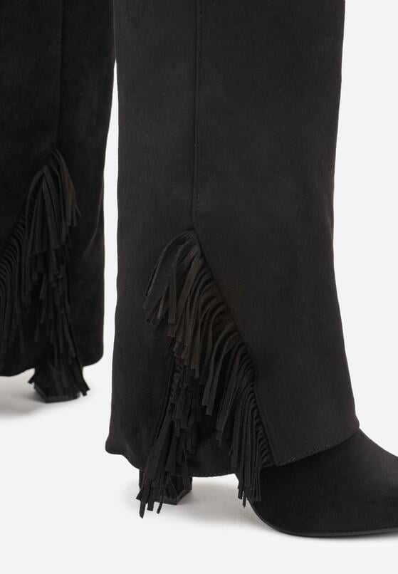 Czarne Kozaki na Słupku z Wywiniętą Cholewką z Frędzlami Linadela 6