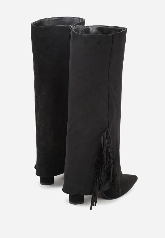 Czarne Kozaki na Słupku z Wywiniętą Cholewką z Frędzlami Linadela 7