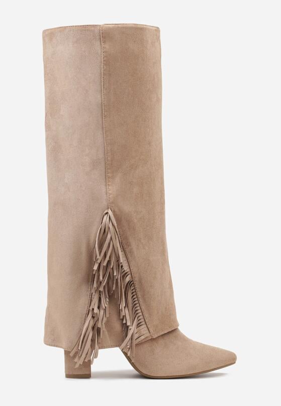 Ciemnobeżowe Kozaki na Słupku z Wywiniętą Cholewką z Frędzlami Linadela 4