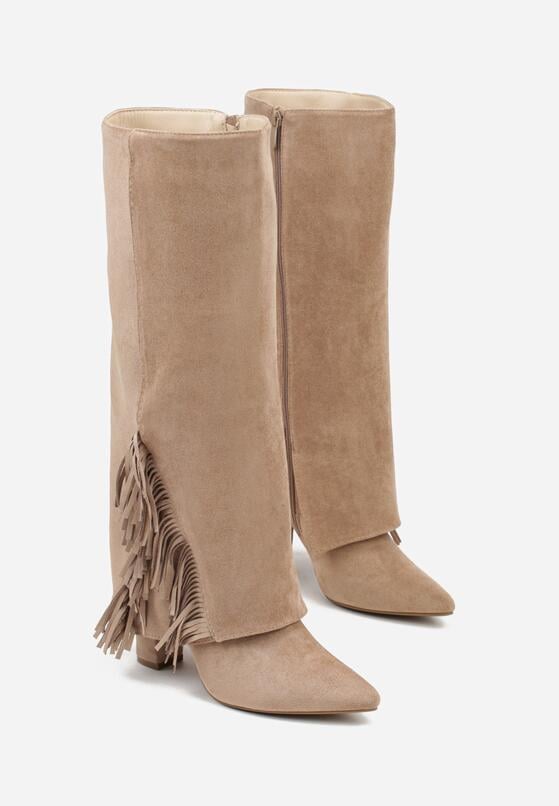 Ciemnobeżowe Kozaki na Słupku z Wywiniętą Cholewką z Frędzlami Linadela 5