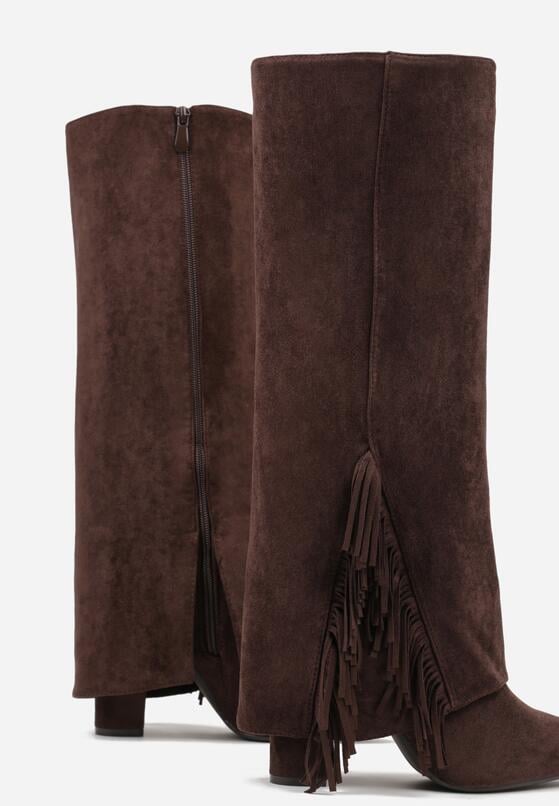 Brązowe Kozaki na Słupku z Wywiniętą Cholewką z Frędzlami Linadela 6