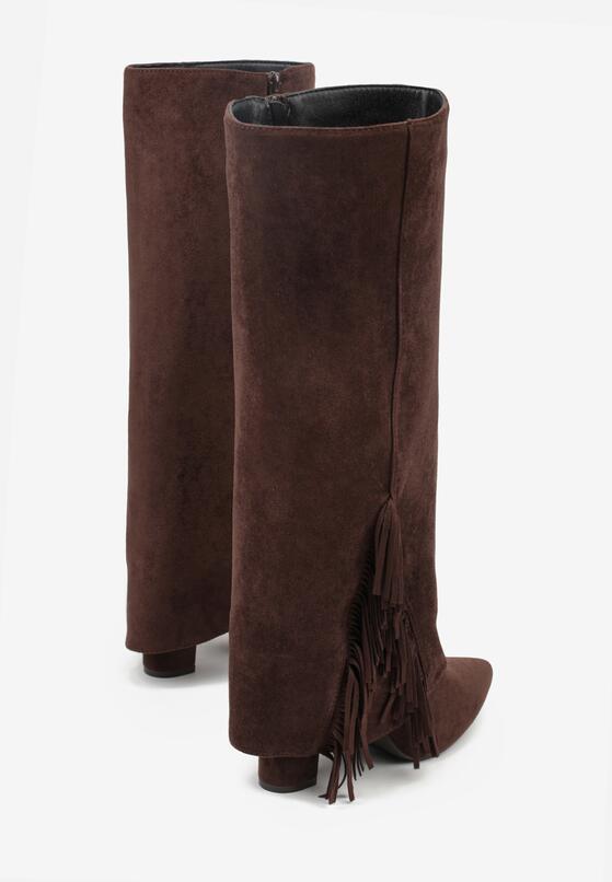 Brązowe Kozaki na Słupku z Wywiniętą Cholewką z Frędzlami Linadela 7