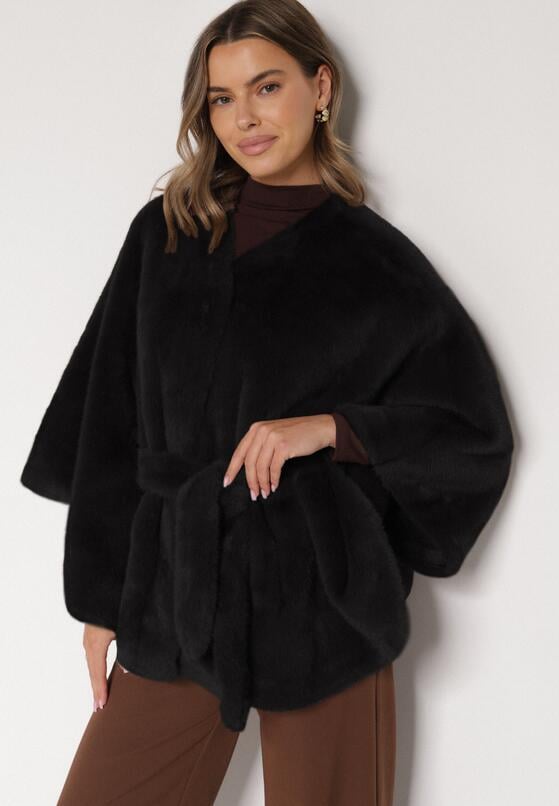 Czarne Ponczo z Futerkiem i Wiązanym Paskiem Monalena 1
