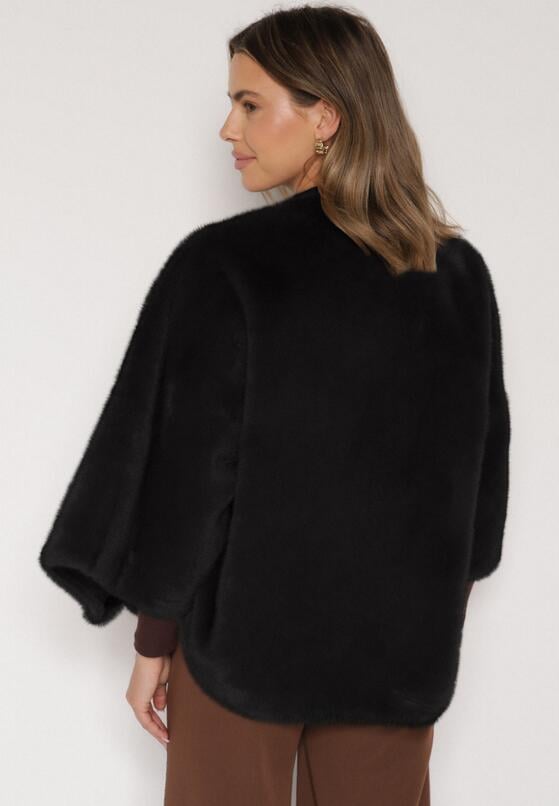 Czarne Ponczo z Futerkiem i Wiązanym Paskiem Monalena 3