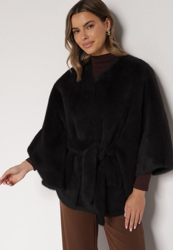Czarne Ponczo z Futerkiem i Wiązanym Paskiem Monalena 4