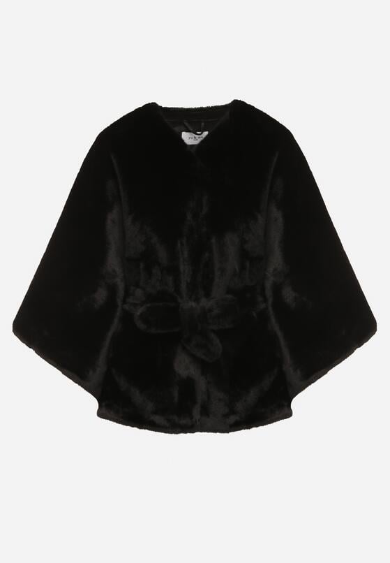 Czarne Ponczo z Futerkiem i Wiązanym Paskiem Monalena 6