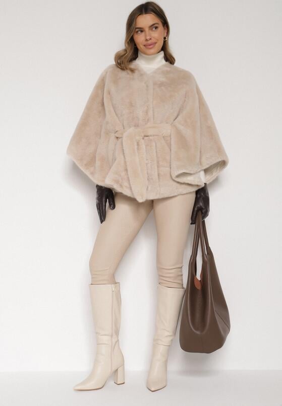 Beżowe Ponczo z Futerkiem i Wiązanym Paskiem Monalena 2