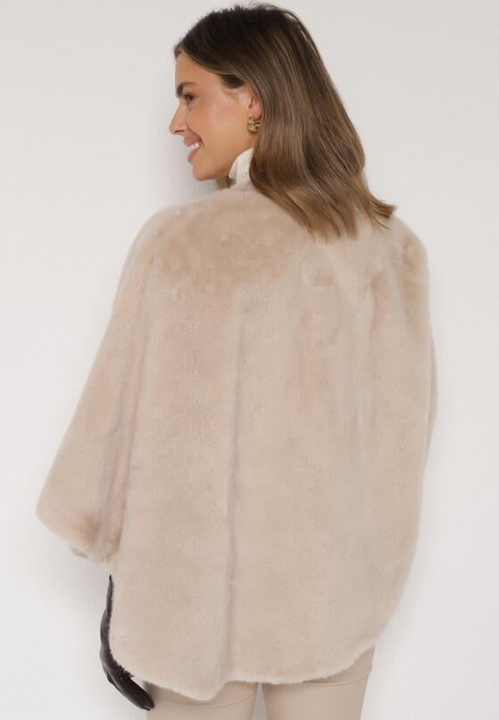 Beżowe Ponczo z Futerkiem i Wiązanym Paskiem Monalena 3