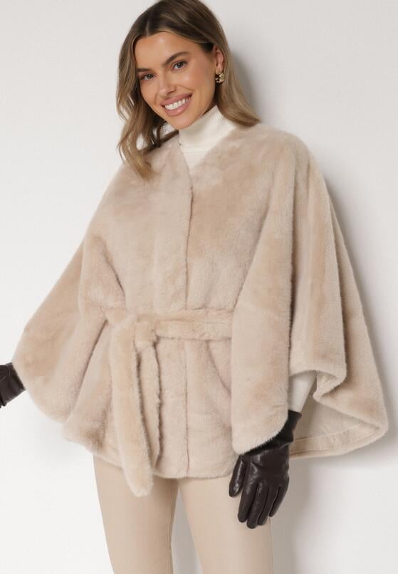 Beżowe Ponczo z Futerkiem i Wiązanym Paskiem Monalena 4
