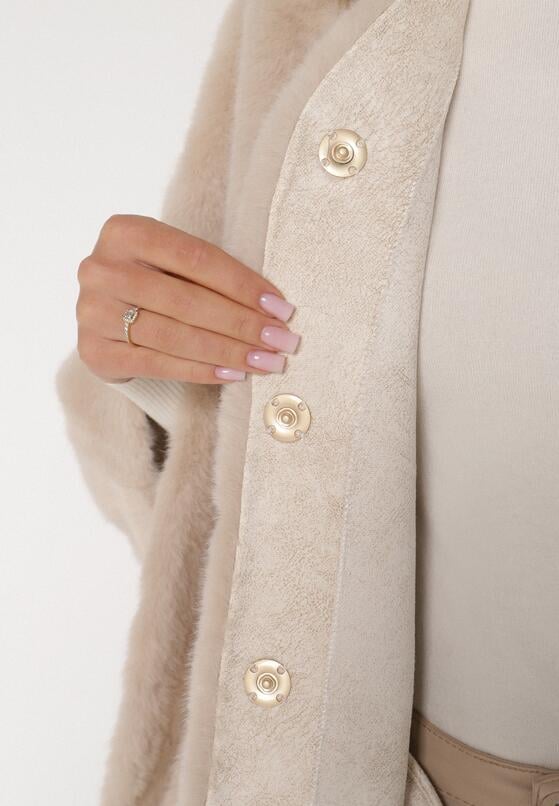 Beżowe Ponczo z Futerkiem i Wiązanym Paskiem Monalena 5