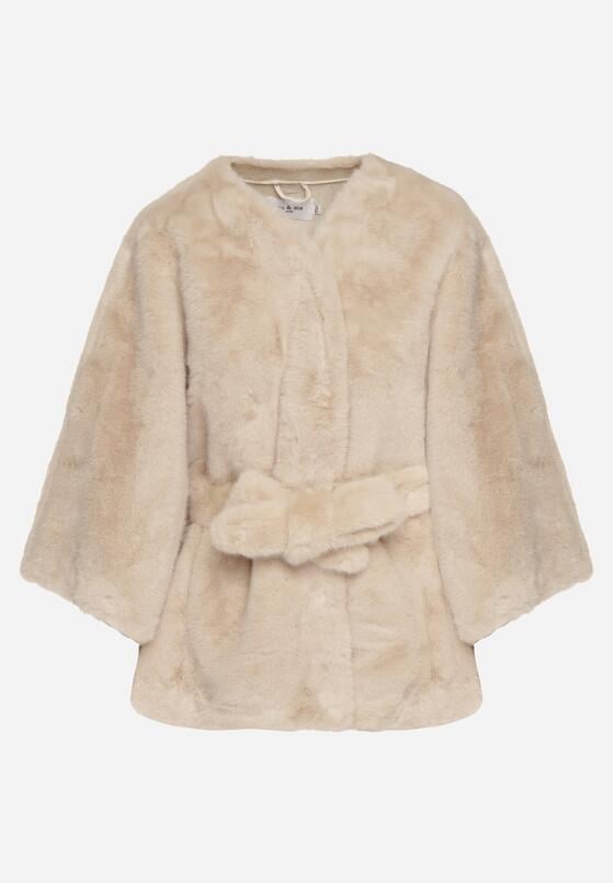 Beżowe Ponczo z Futerkiem i Wiązanym Paskiem Monalena 6