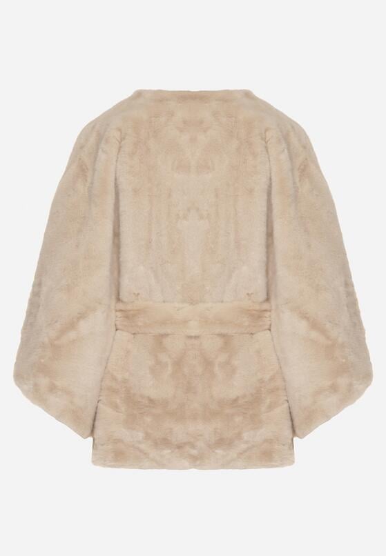 Beżowe Ponczo z Futerkiem i Wiązanym Paskiem Monalena 7