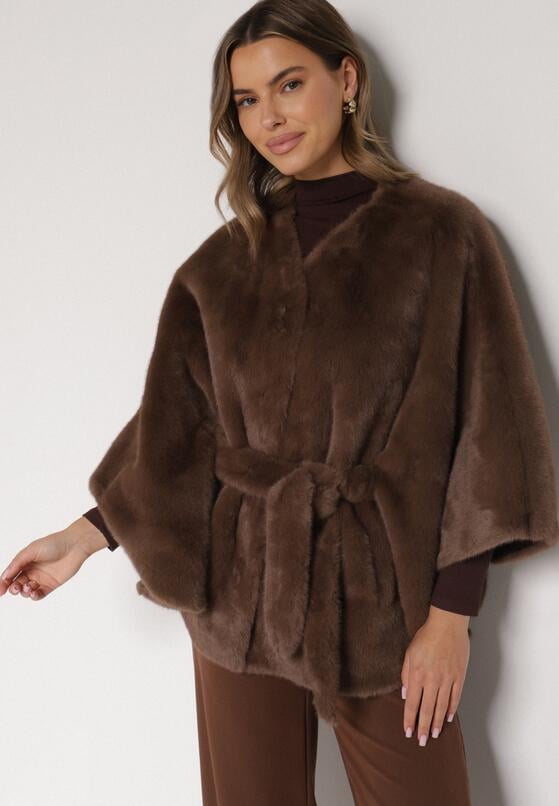 Brązowe Ponczo z Futerkiem i Wiązanym Paskiem Monalena 4