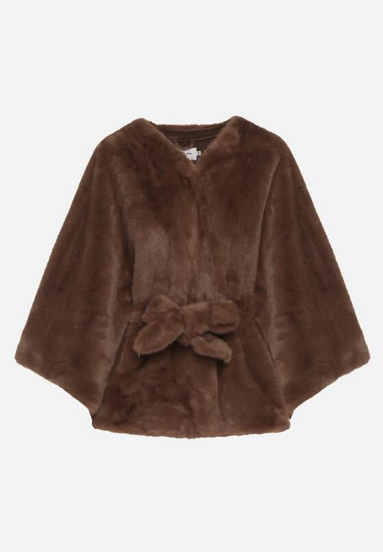 Brązowe Ponczo z Futerkiem i Wiązanym Paskiem Monalena 6
