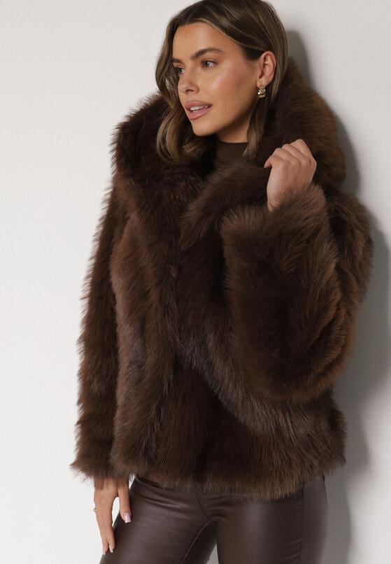 Brązowa Futrzana Kurtka z Nieodpinanym Kapturem Tusarea 1