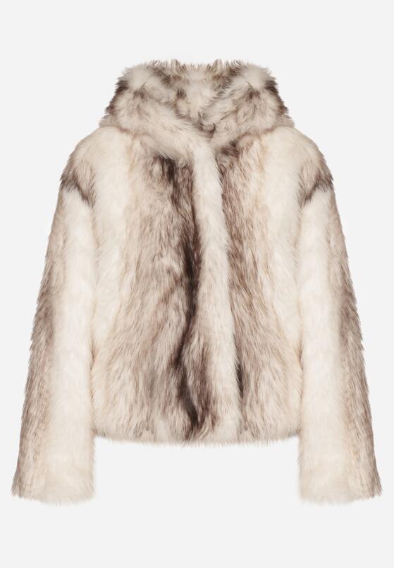 Jasnobeżowa Futrzana Kurtka z Nieodpinanym Kapturem Tusarea 6