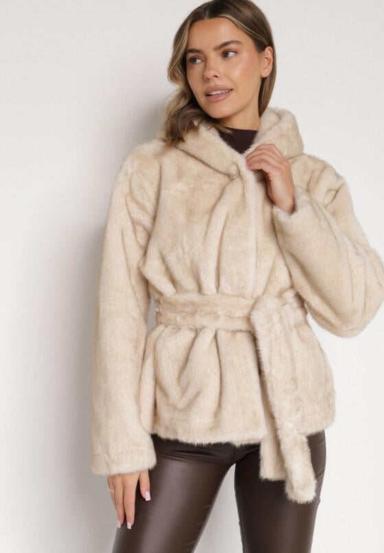 Beżowa Kurtka Futerko z Kapturem i Wiązanym Paskiem Zetara 1
