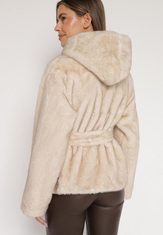 Beżowa Kurtka Futerko z Kapturem i Wiązanym Paskiem Zetara 3