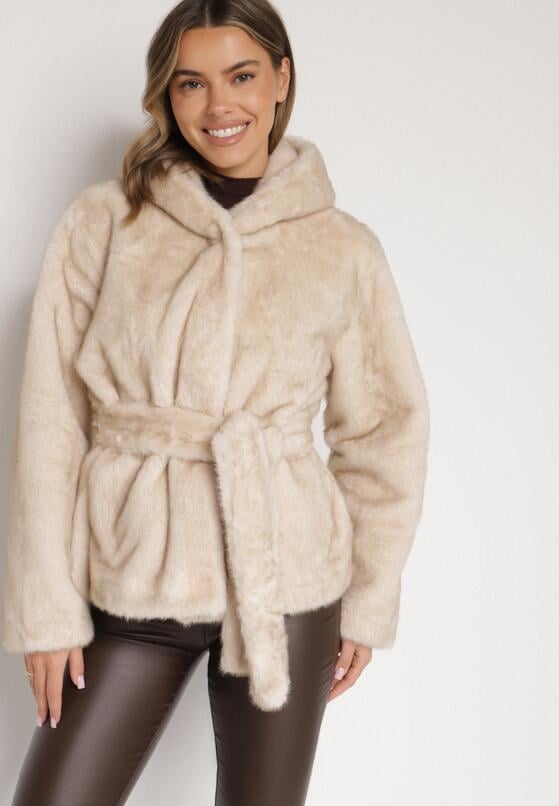 Beżowa Kurtka Futerko z Kapturem i Wiązanym Paskiem Zetara 4