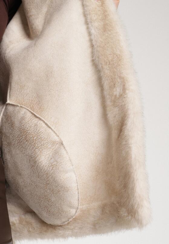 Beżowa Kurtka Futerko z Kapturem i Wiązanym Paskiem Zetara 5