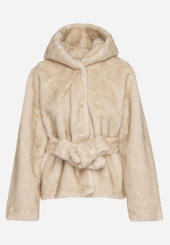 Beżowa Kurtka Futerko z Kapturem i Wiązanym Paskiem Zetara 6