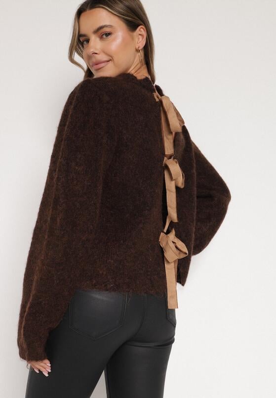 Brązowy Kardigan z Wełną i Bufiastymi Rękawami Wiązany na Plecach Tuseleia 1