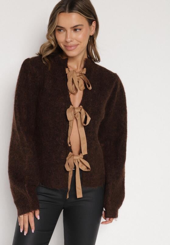 Brązowy Kardigan z Wełną i Bufiastymi Rękawami Wiązany na Plecach Tuseleia 2