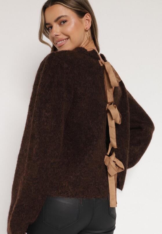 Brązowy Kardigan z Wełną i Bufiastymi Rękawami Wiązany na Plecach Tuseleia 3