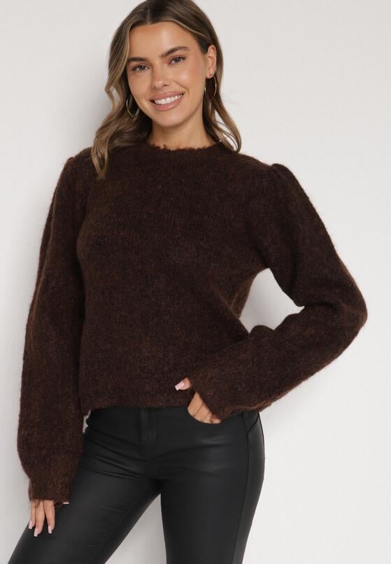 Brązowy Kardigan z Wełną i Bufiastymi Rękawami Wiązany na Plecach Tuseleia 4