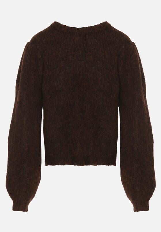 Brązowy Kardigan z Wełną i Bufiastymi Rękawami Wiązany na Plecach Tuseleia 6