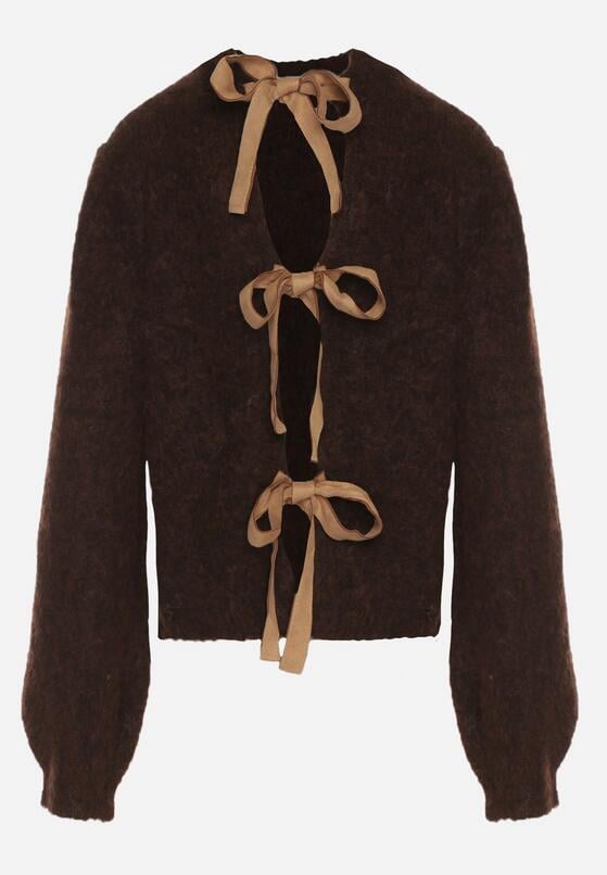 Brązowy Kardigan z Wełną i Bufiastymi Rękawami Wiązany na Plecach Tuseleia 7