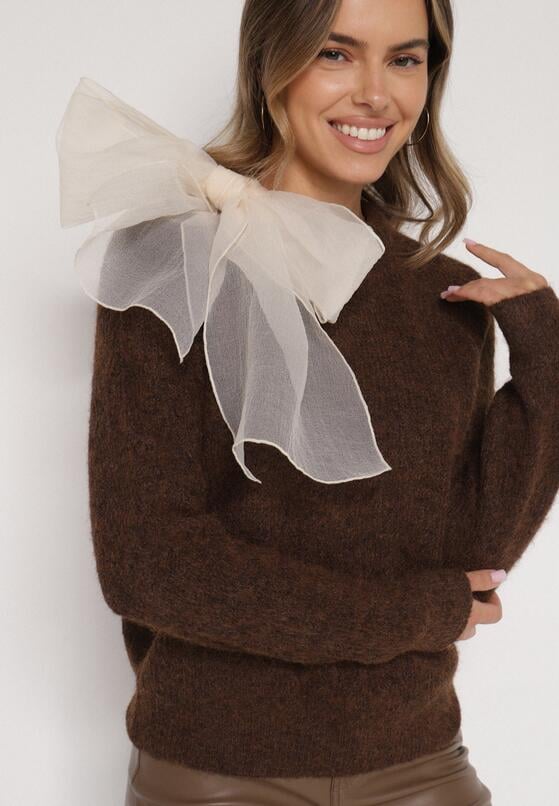 Brązowy Sweter z Domieszką Wełny z Ozdobnym Wiązaniem  Tuselana 2