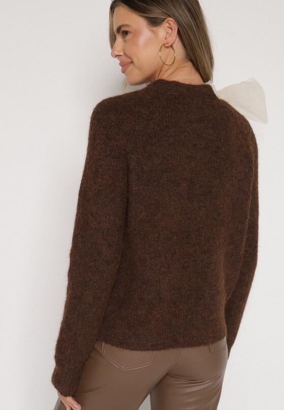 Brązowy Sweter z Domieszką Wełny z Ozdobnym Wiązaniem  Tuselana 3