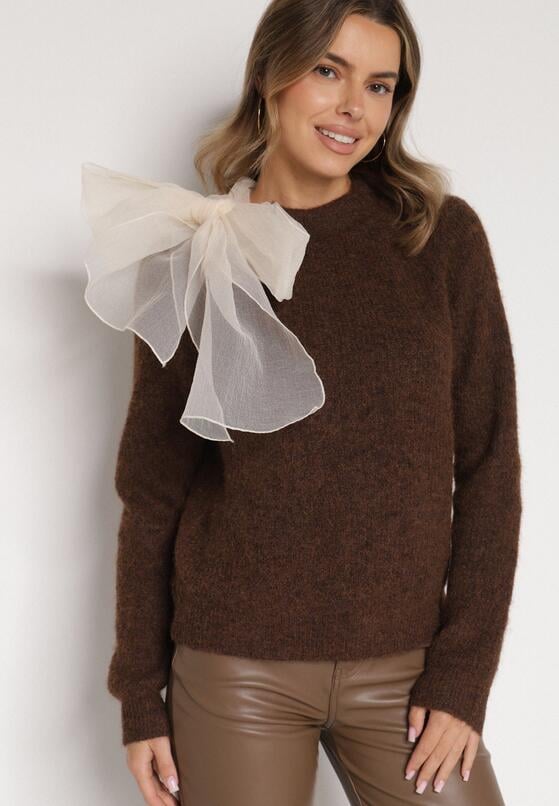 Brązowy Sweter z Domieszką Wełny z Ozdobnym Wiązaniem  Tuselana 4