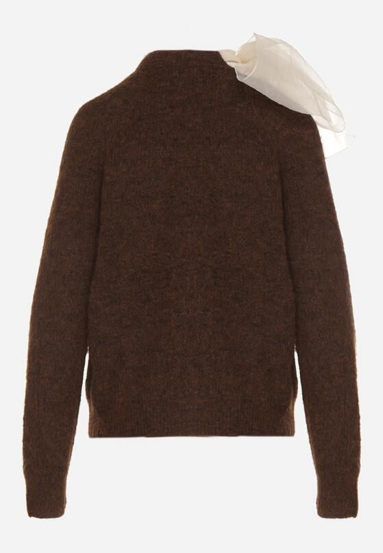 Brązowy Sweter z Domieszką Wełny z Ozdobnym Wiązaniem  Tuselana 7