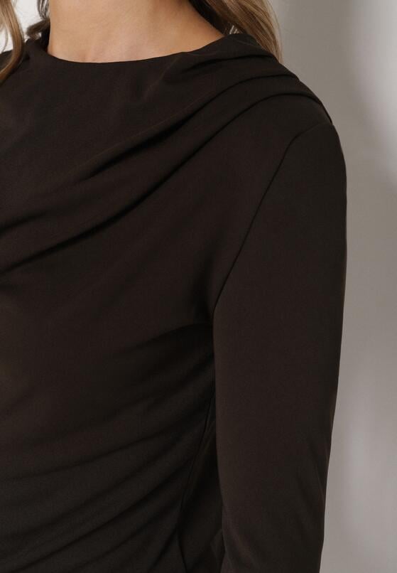 Brązowa Asymetryczna Bluzka z Długim Rękawem i Usztywnionymi Ramionami Tusallea 5