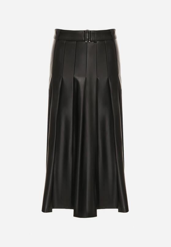 Czarna Rozkloszowana Spódnica z Imitacji Skóry Zdobiona Plisami Tusbella 6