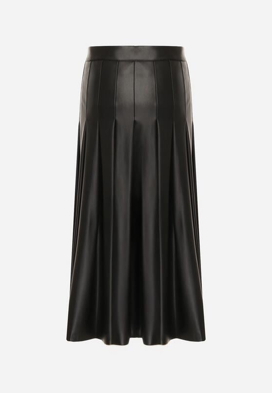 Czarna Rozkloszowana Spódnica z Imitacji Skóry Zdobiona Plisami Tusbella 7