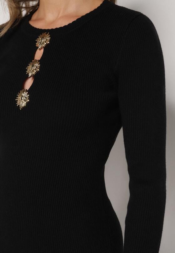 Czarna Dopasowana Sukienka z Prążkowanej Dzianiny z Wiskozą z Aplikacjami Tusmana 5