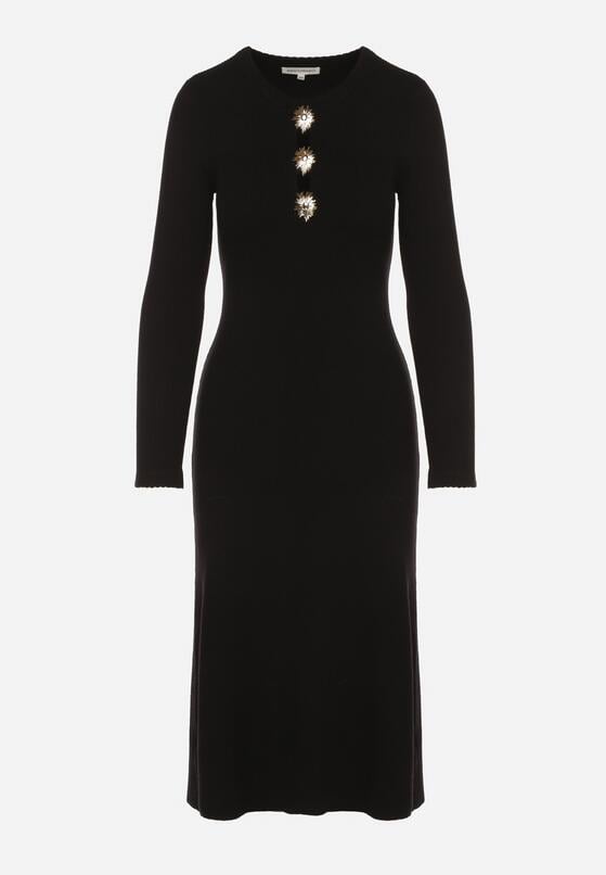 Czarna Dopasowana Sukienka z Prążkowanej Dzianiny z Wiskozą z Aplikacjami Tusmana 6