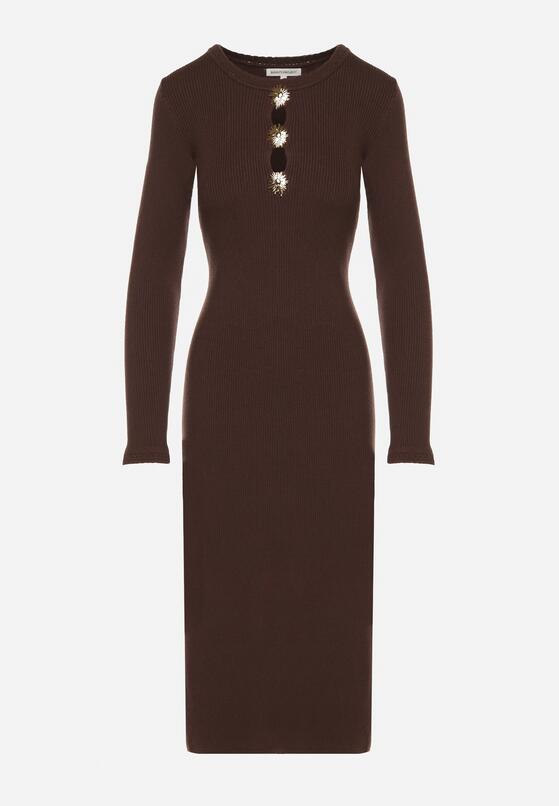 Brązowa Dopasowana Sukienka z Prążkowanej Dzianiny z Wiskozą z Aplikacjami Tusmana 6