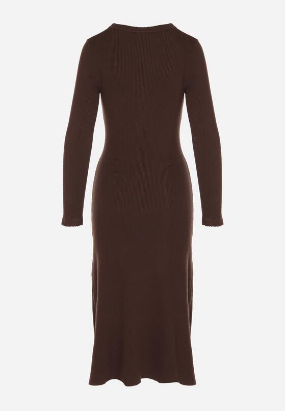 Brązowa Dopasowana Sukienka z Prążkowanej Dzianiny z Wiskozą z Aplikacjami Tusmana 7