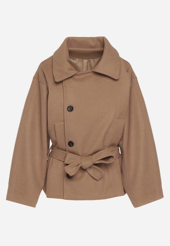 Beżowy Krótki Płaszcz z Wiskozą o Pudełkowym Kroju z Wiązanym Paskiem i Kołnierzem Tusilia 6