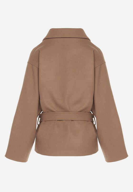 Beżowy Krótki Płaszcz z Wiskozą o Pudełkowym Kroju z Wiązanym Paskiem i Kołnierzem Tusilia 7